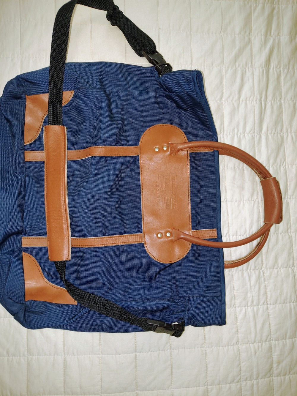 Vintage Eddie Bauer Ford Bronco Duffle Bag Blue Canvas Leather Travel Tote